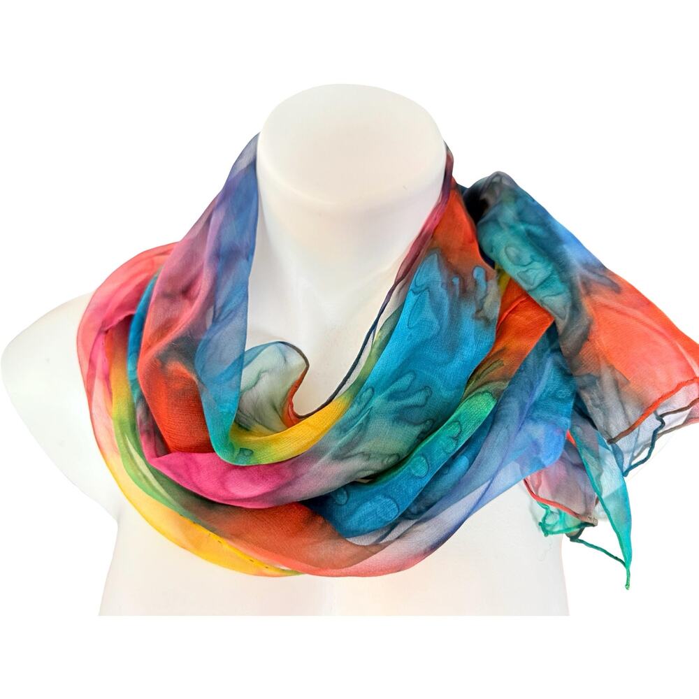 Vintage Hand Painted Silk Chiffon Scarf 1970s Rainbow Watercolor 15x66 - Picture 3 of 8